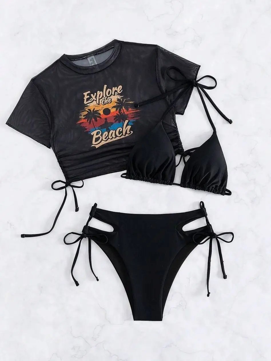 Women's 3-Piece Boho Bikini Set with Graphic Plant Print - Halter Swimwear with Removable Pads and Drawstring Cover Up for a Beach Party, Plants, Elastane, Haltered Top, Low Waist Cut, Polyamide Blend, Three-Pieces