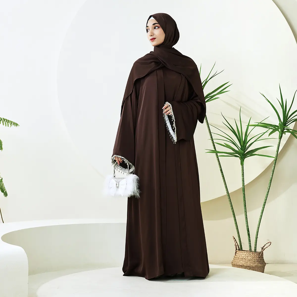 Women's Islamic Abaya Dress 4-Piece Satin Set - Islamic Modesty Clothes, Muslim Clothing, Shimmery Lustrous Abaya with Diamond Tassels Belt, Hijab Style for Wedding Modest Fashion (NCS004)