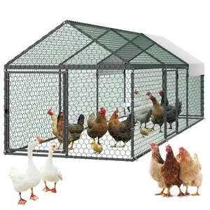 VEVOR Metal Chicken Coop for 6-8 Chickens, 3.3 x 9.8 x 3.3 ft, Small Chicken Cage with Waterproof Cover & 3 Doors, Spire Roof Poultry Run Compatible with Wooden Coops, for Rabbit Hen Goose Duck