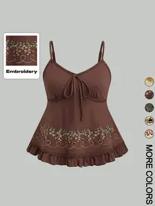 1 Pc Women's Floral Embroidered Ruffled-Hem Fitted Sleeveless Camisole, Casual Feminine Soft Stretchy Fabric with Adjustable Straps, Cute Embroidery Patterns (Flower/Bee/Sun), Lace-Trim Babydoll Top, Multiple Design Options