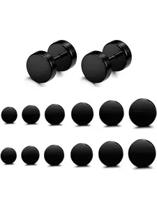 6 Pairs Stainless Steel Black Stud Earrings for Men Women Faux Gauges Ear Tunnel Fake Gauge Earrings 3-8mm Stud Earring Jewelry