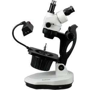 AmScope GM400TZ Trinocular Gemology Stereo Zoom Microscope, WH10x Eyepieces, 3.5X-90X Magnification, 0.7X-4.5X Zoom Objective, Halogen and Fluorescent Lighting, Inclined Pillar Stand, 110V-120V, Includes 0.5X and 2.0X Barlow Lenses