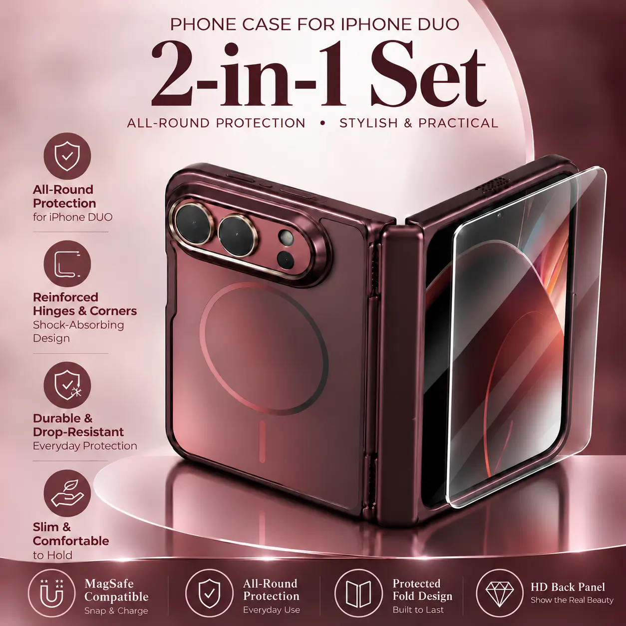 【For iPhone Duo】Premium Magnetic Clear Case for iPhone Fold - MagSafe Compatible Transparent Shockproof Cover with Metal Frame, Minimalist Luxury Protective Shell