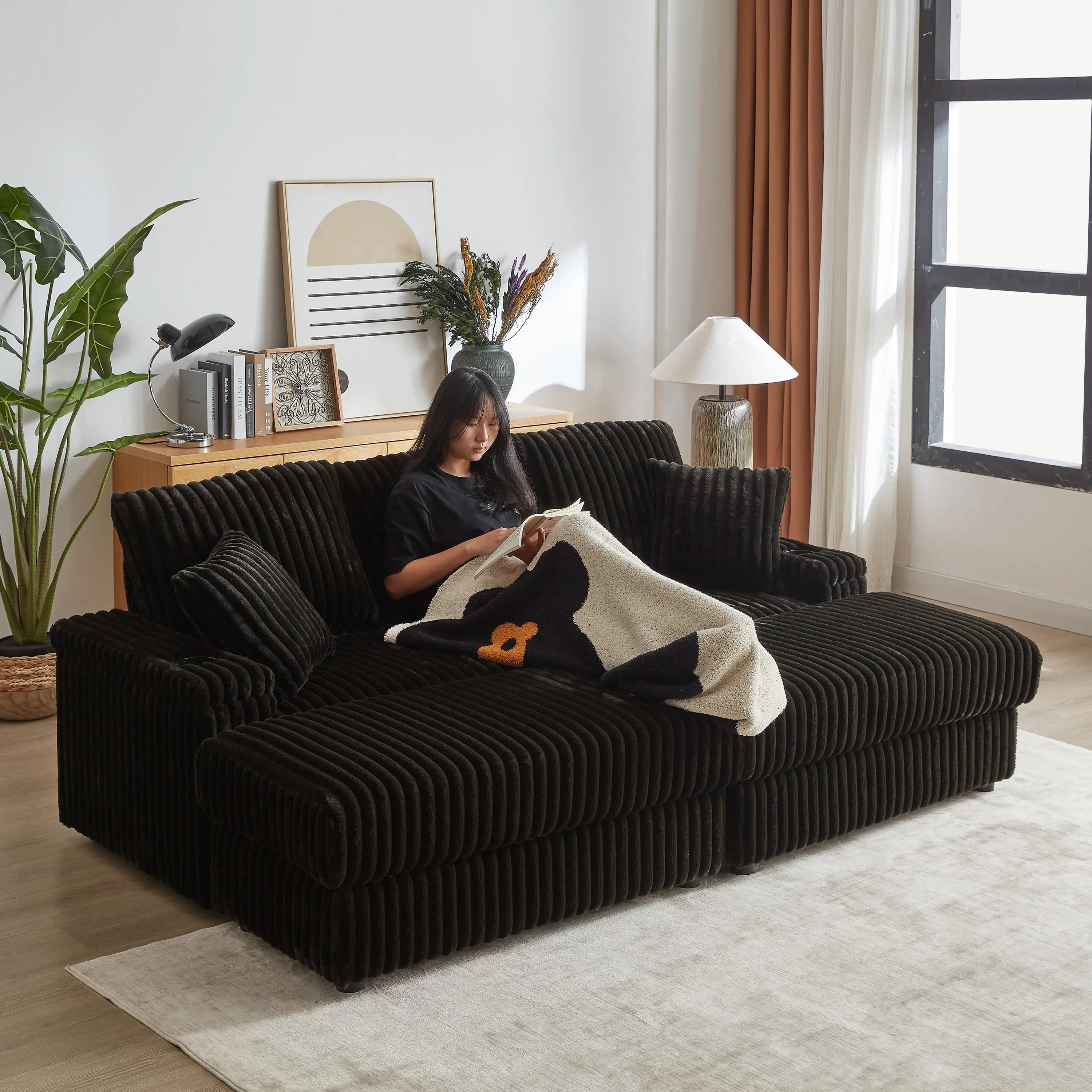 Niccae 84in Corduroy 3-Seater Comfy Couch Set - Black Corduroy Upholstered Sectional, Solid Wood Frame, 3 Back Pillows, 2 Toss Pillows, Storage, Cup-Holding Grooves, Deep Seat for Living Room Nap & Family Gathering, Modern Home Furniture (Sub 2 Packages)