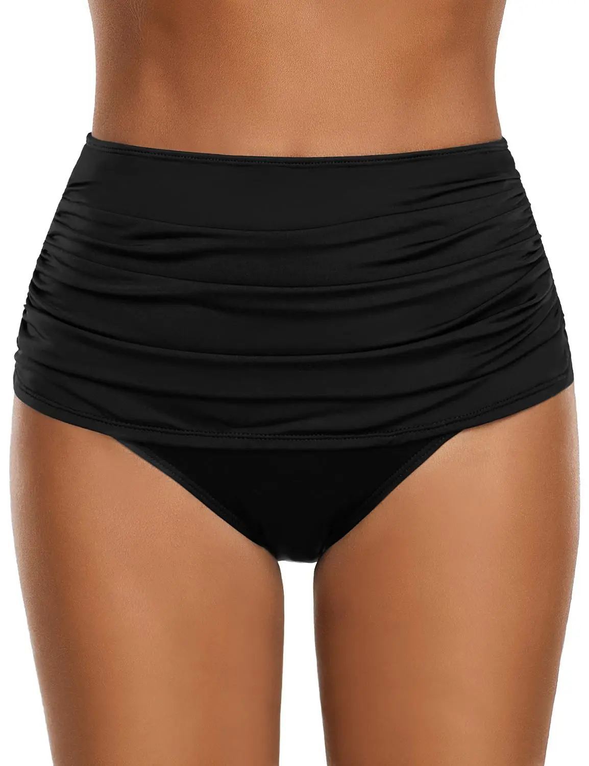 GRAPENT Women's High-Waisted Solid Ruched Tummy Control Bikini Bottoms, Polyamide-Elastane Stretch Body Shaping Swimsuits for Women, All Size Swim, Machine Washable Beach Outfits