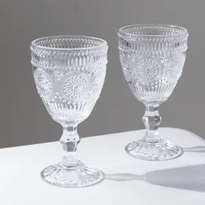 Clear Vintage Embossed Floral Design Decorative Glass Goblets, Food Grade Lead & Cadmium Free Heat & Thermal Shock Resistant Multi-Purpose Wine Cocktail Glasses, Dishwasher Safe Drinkware, Ideal for Home Bar Wedding Bridal Shower Birthday Party Daily Use