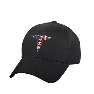 Black - US Flag Medical Symbol (Caduceus) Embroidered Hat - Structured - Adjustable