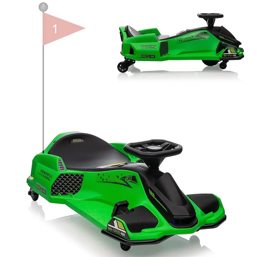 GARVEE 24V Ride-On Drift Car with 7Ah Battery and 180W Brushless Motor, Electric Drifting Go-Kart for Riders up to 110 lbs, Featuring Music, Front and Tail LED Lights, and Low-Power Alarm in Green