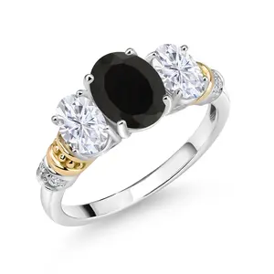 Gem Stone King 2.63 Cttw Oval Black Onyx White Moissanite and White Diamond 3-Stone Ring For Women | 925 Sterling Silver and 10K Yellow Gold | Wedding Engagement Anniversary Promise Ring