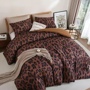 Comforter Set  Size Brown Leopard Print Bedding Set Chic & Stylish   Print Cozy Soft 3 count Bedding for Bedroom, 1 Bed Sets(90''x90'') with 2 Pillow Shams(20''x26'')