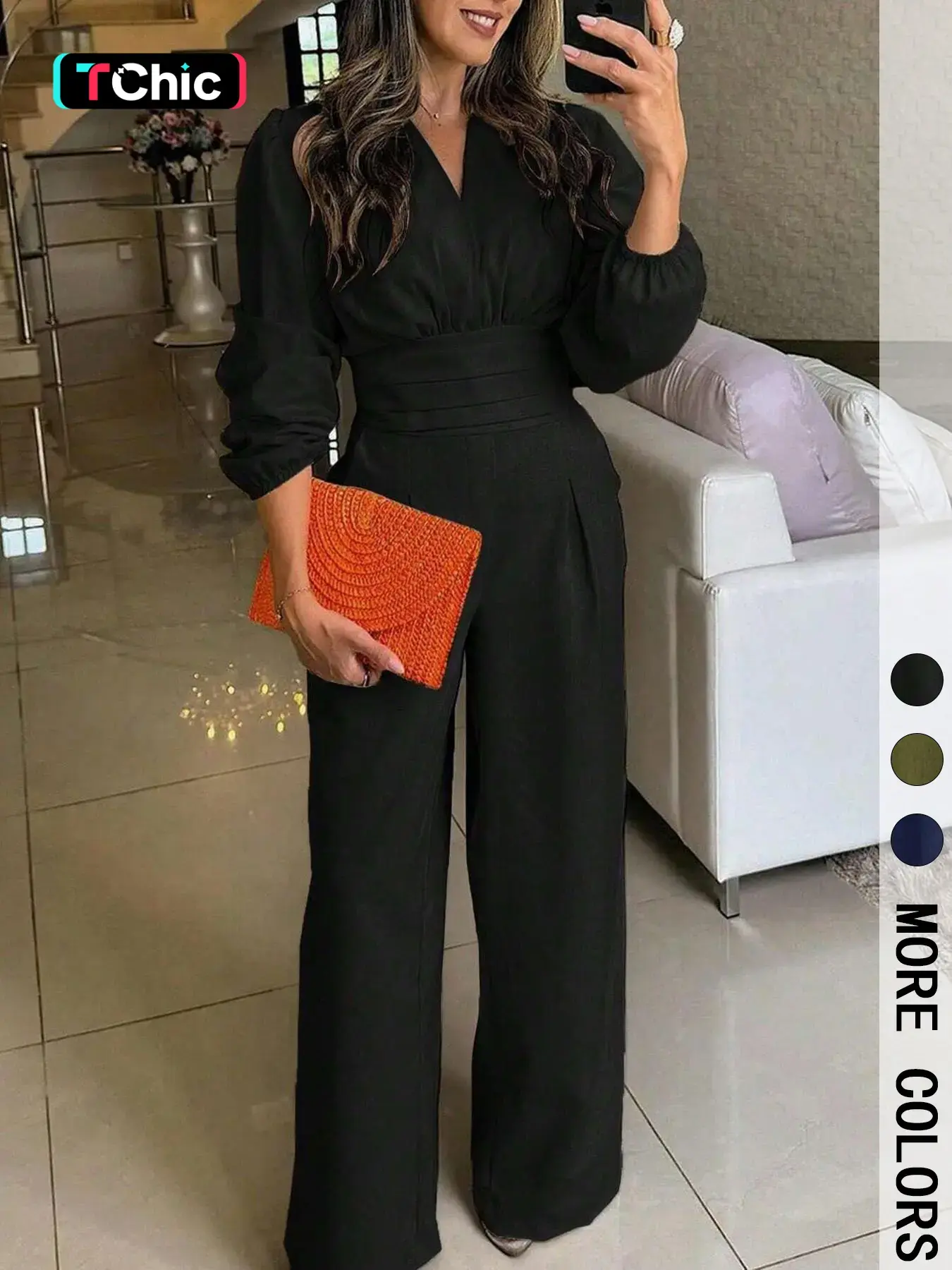 Women's Solid Color Puff Sleeve Wide-Leg Chic Casual Jumpsuit Long Sleeve , Fit & Structured Material & Cutout Waist Detail & High-Waisted Silhouette & Loose Legs & Multi-Color Options 1pc （Upgraded fabric）