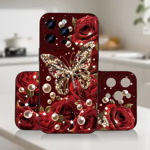 Phone Case: Luxury Rhinestone Butterfly Red Rose Pattern Phone Case for iPhone 17 16 15 14 13 12 11 7 X XR XSMAX, Sparkling Pearl Floral Protective Cover for Women Girls
