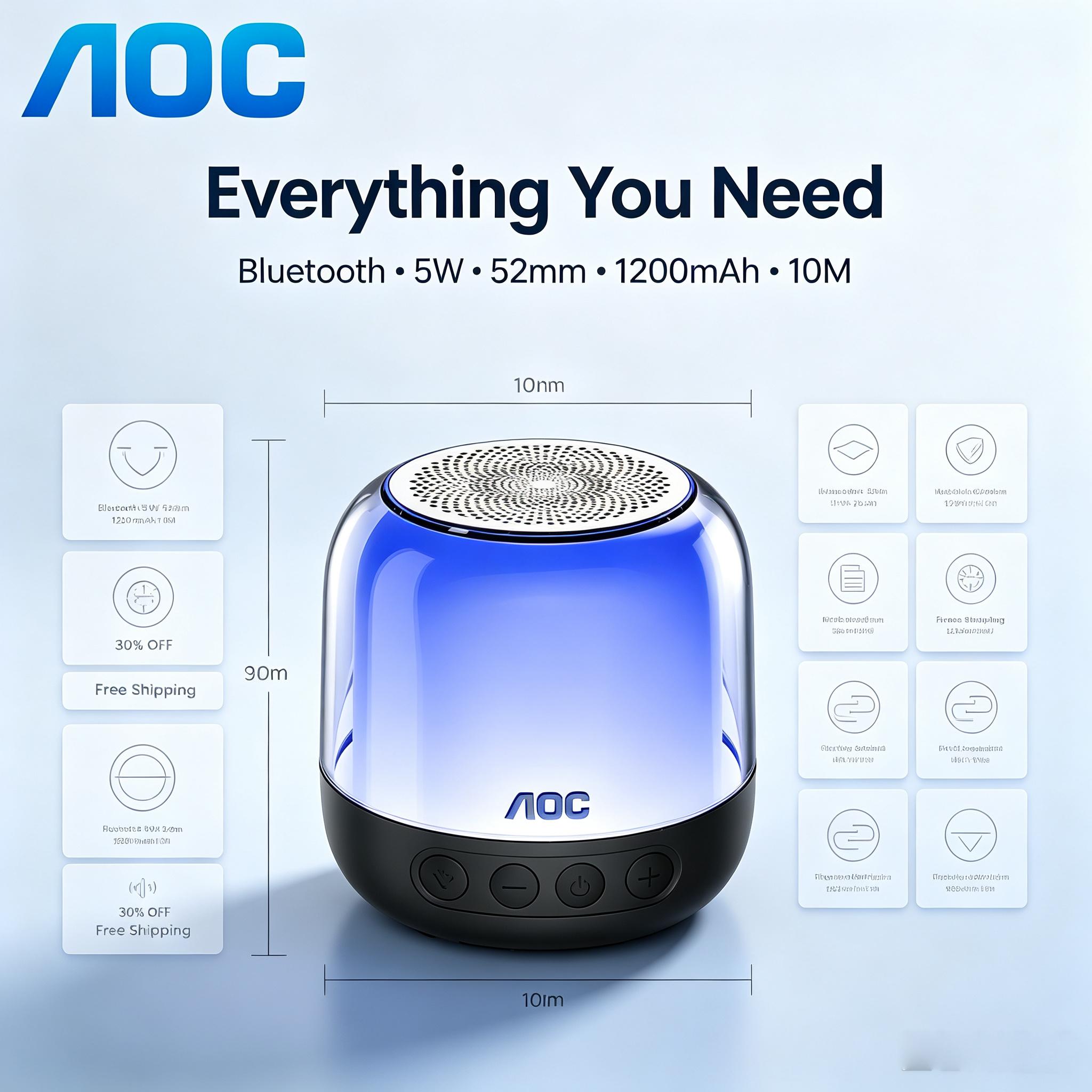 AOC Portable Bluetooth Speaker RGB Lighting, IPX5 Waterproof & 12H Battery Life