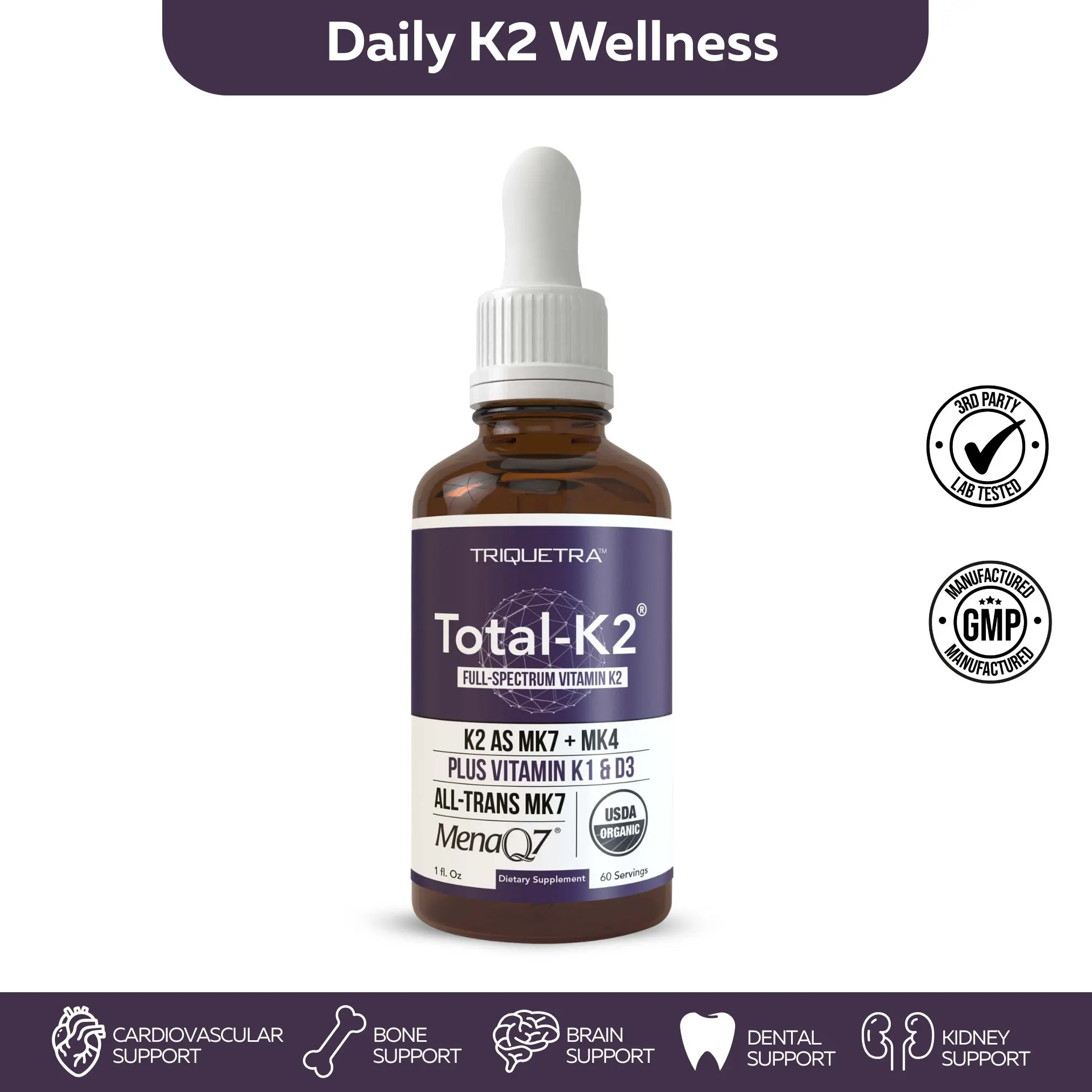 Total K2 | Full-Spectrum Vitamin K with D3 Cofactor – 620 mcg K2 (MK7 & MK4) per Serving – Vegan & Organic Certified Liquid – 1 oz