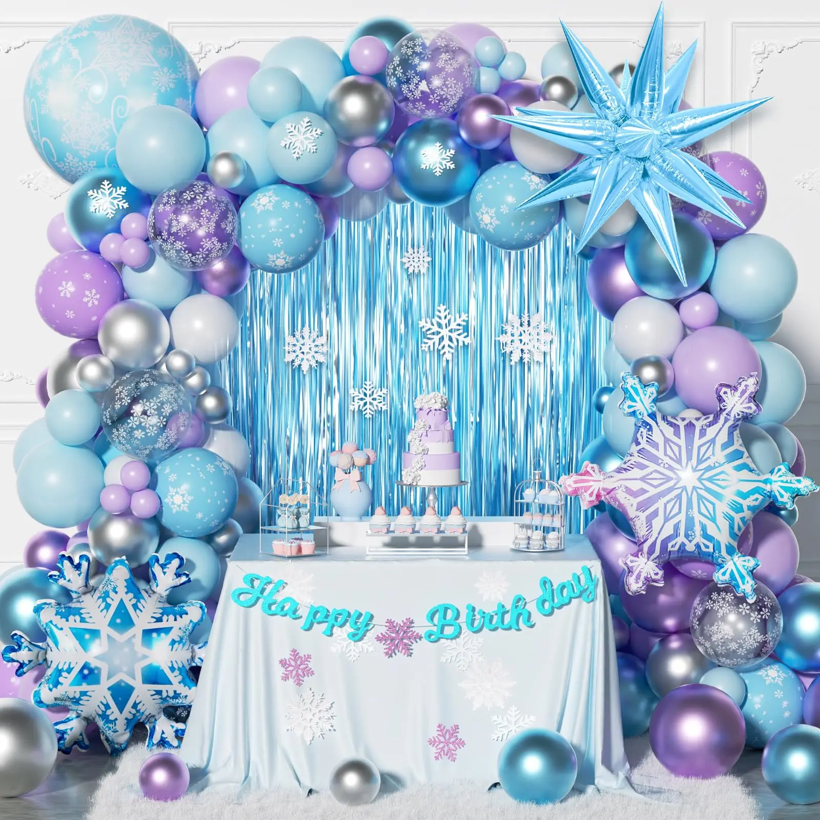212pcs Frozen Balloon Arch Kit, Blue, Purple, White Balloons & Snowflakes for Winter Party Decoration