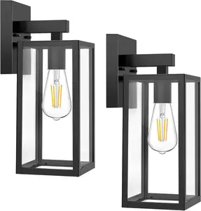 Outdoor Wall Sconce, Exterior Waterproof Wall Lantern Light Fixtures, Black Porch Lights with Toughened Glass Shade, Anti-Rust E26 Socket Front Door Mount Lighting, 2 Pack