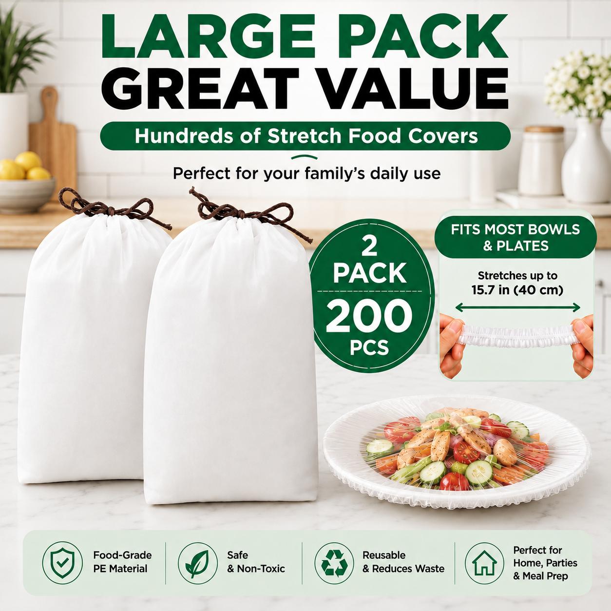 100PCS Disposable Stretch Food Covers, Elastic Kitchen Bowl & Plate Lids, Plastic Wrap Alternative for Food Storage & Leftovers Preservation