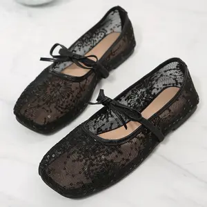 Mesh Embroidered Flats for Women Flats Ballet Shoes Square Toe Slip On Ballerina Floral Shoes