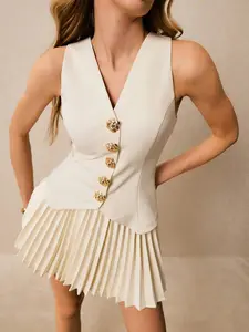 2pcs Set: Women Metal 3D Floral Decor Single-Breasted Vest And Pleated Mini Skirt