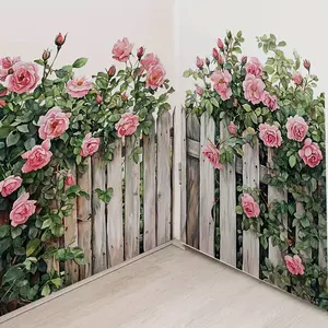 Bohemian Floral Wood Fence Wall Sticker with Roses and Leaves, Self-Adhesive Removable PVC Decorative Decal for Living Room Bedroom Bathroom Kitchen Door Window Glass Home Decor