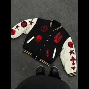 NewMen's Wing & Cross Print Baseball Jacket, Regular Fit Casual Fashion Contrast Trim Design Bomber Jacket for Daily Outdoor Wear, Men Clothing for Spring Fall, Coats