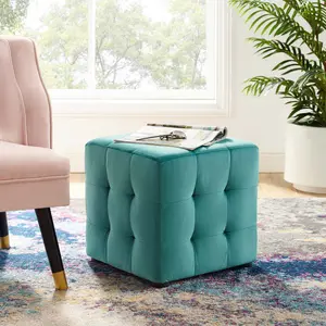 Contour Tufted Cube Ottoman - Performance Velvet, Stain-Resistant, Modern Accent Footrest, Upholstered Small Square Stool, Living Room Furniture, Gray, Teal, Navy, Pink, Ivory, Light Blue