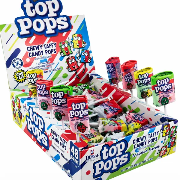 Top Pops Assorted Chewy Taffy Pops Candy - Box of 48 Food Snacks with 4 Artificial Color-Free Flavors (Watermelon, Strawberry Lemon, Blue Raspberry) Made with Gelatin, Potato Starch, Syrups