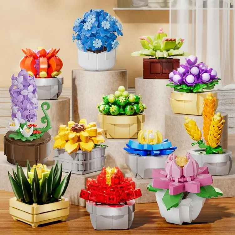 3D Blind Flower Succulent Rose Plastic Building Block Bouquet Diorama Kits - DIY Educational Learning Toys, Fun Gifts Gift Idea for Kids, Table Decoration, Valentine's Day