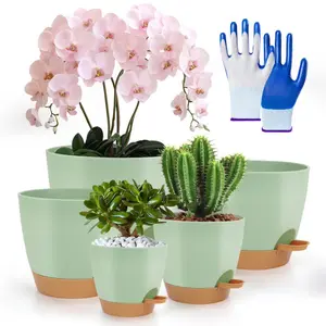 7/6.5/6/5.5/5 Inch Set of 5 Self Watering Plant Pots, Plastic Flower Pots for Indoor Outdoor Succulent with Nitrile Gloves