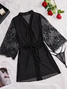 Women's Solid Sheer Contrast Lace Belted Sexy Teddy Lingerie Two-piece Set, Sexy Tie Front Robe & Thongs, Women's Sleepwear for All Seasons, Womenswear