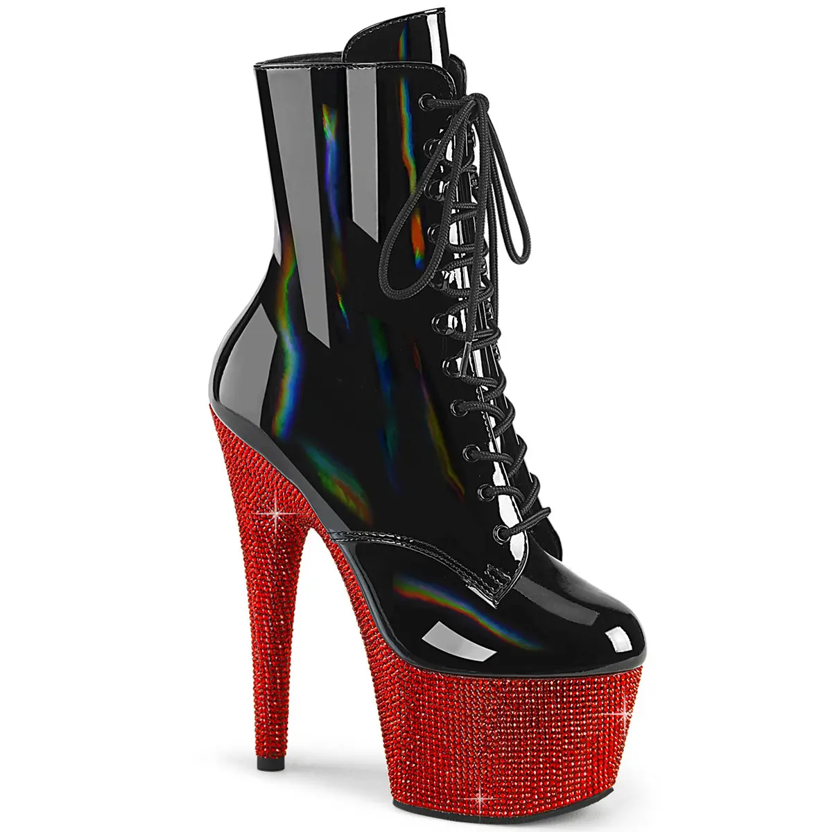 Women's Lace Ankle Boot Footwear - Zip-Accent, Bejeweled Platform, 7 in Heel, Black Holo Patent Leather, Red Rhinestones, Rhinestone Sole, Model BEJEWELED-1020-7, High Heel, Shoe, 7 In Heel, 2 3/4 In Platform