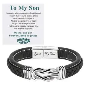 To My Son Infinity Knot Bracelet From Mom, Forever Linked Together Bracelets Stainless Steel Braided Leather Inspirational Bracelets Engraved Jewelry for Birthday Gift Jeweley