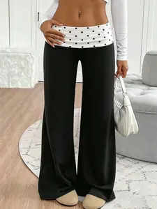 Women's Comfortable Casual Comfy Stretch Wide Leg Pants, Polka Dot Folded Waist, High-Waisted Flared Long Pants, Stylish and Trendy Fashion