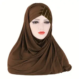 Forehead Sequins Instant Hijab Solid Color Soft Smooth Stretchy Pullover Head Wrap Casual Sunscreen Turban  Muslim Tudung
