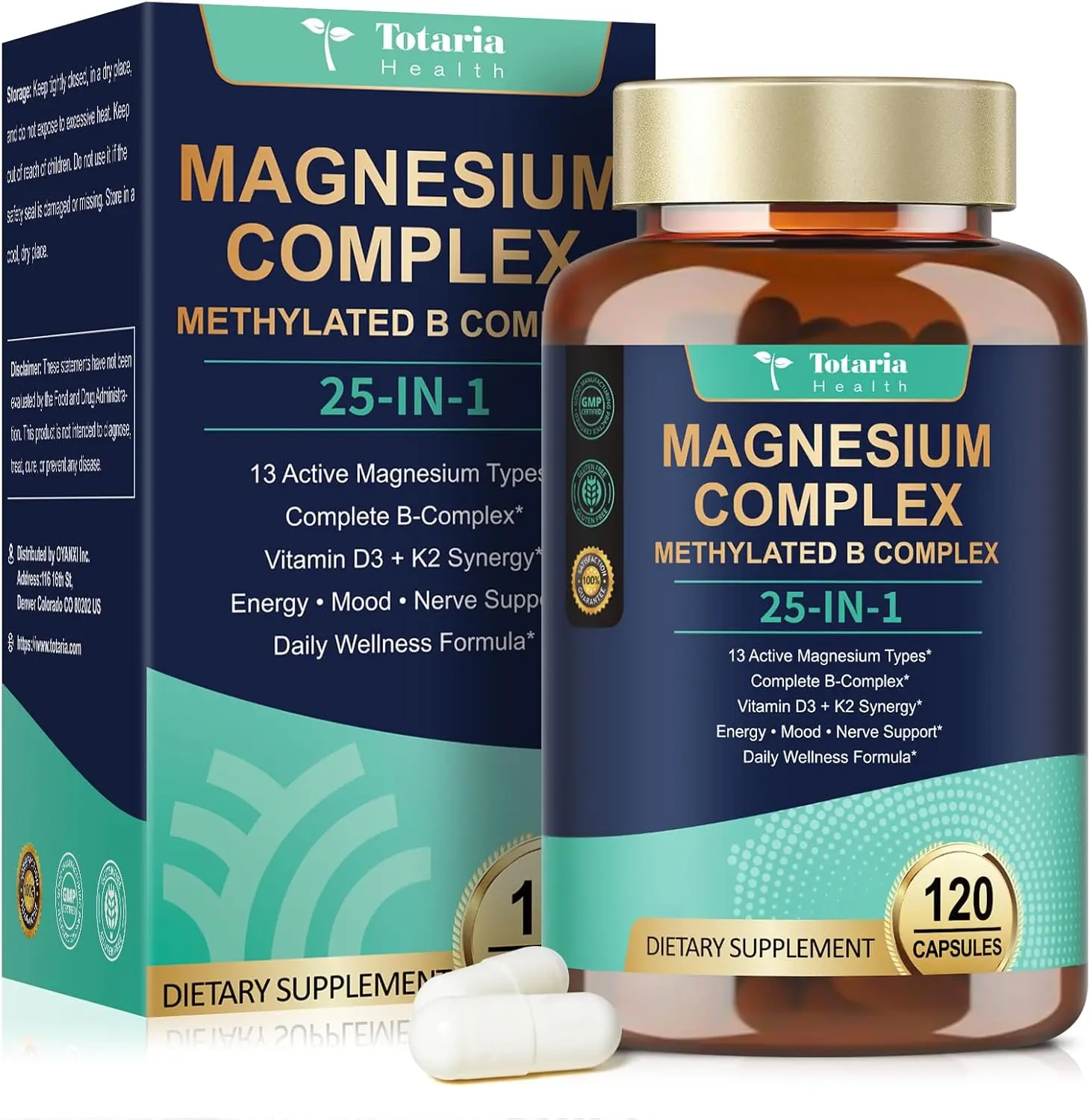 Totaria 25-in-1 Magnesium Complex with Methylated B Complex, Vitamin D3 & K2, 120 Vegan Caps for Relaxation, Energy & Nerve Support,travel essentials