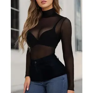 Women's Mesh Tops Long Sleeve Sheer Blouse, Fishnet Tops Plus Size, High Neck Clubwear Shirt Spandex Polyester t shirts women vintage graphic tees women's graphic tees oversized tshirt women baby tee women's t shirts iamgia_