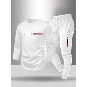 Men's Long Sleeve T-shirt and Pants Set, Spring/Autumn 2pcs set with Paris letter print round neck long sleeve T-shirt + drawstring outdoor casual sports pants set of 2 mens  fashion Clothes Fabric Activewear Polyester