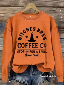 Women's Witch's Brew Coffee Print Crew Neck Sweatshirt, Casual Long Sleeve Pullover for Daily Wear, Ladies Fall & Winter Clothes, Hoodie, Halloween, Womenswear