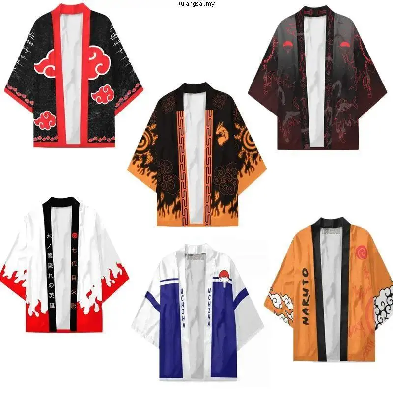 Anime Konoha Hokage Kurama Uchiha Sharingan Symbol Menswear Cosplay Costume Set - Traditional Kimono Cloak, Haori Cardigan Jacket, Pajamas