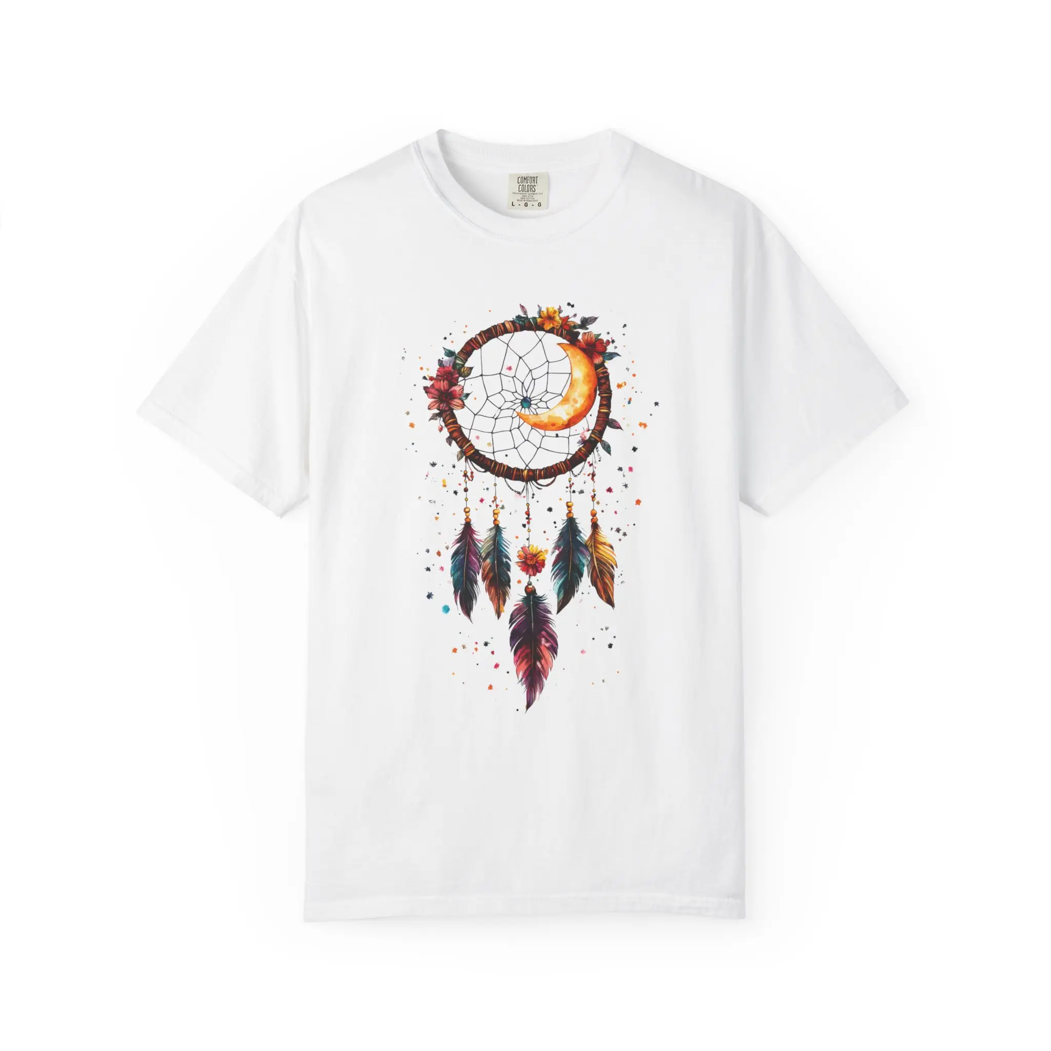 Men's Crew Neck Short-Sleeve Heavyweight Cotton Tee, Twilight Watercolor Dreamcatcher Moon Feathers Graphic, Casual Relaxed Fit Flannel-Cardigan Inspired Tops