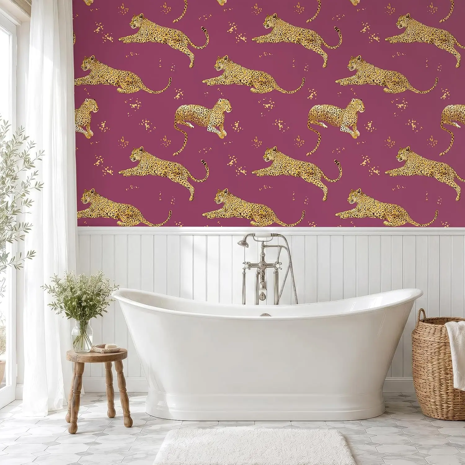VEELIKE Heavy Vinyl Renter-Friendly Deep Pink Cheetah Temporary Wallpaper, 17.7in×354in (45cm×9m) Self-Adhesive Removable Contact Paper, Damage-Free Wall Covering for Bedroom, Kitchen Accent Wall (Home Improvement Roll, Golden)