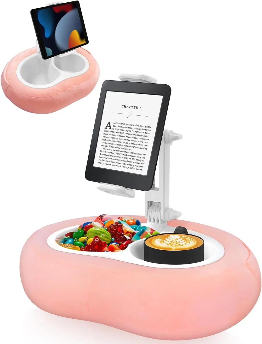 Tablet Pillow Stand, Compatible with 5"-12.9" Kindle, Ipad, Phone/Tablet, Google, Samsung, 360° Rotating Phone Holder for Bed, Soft Plush Fabric, Detachable Bowl, Reading and Relaxation on Bed, Pink Miledi