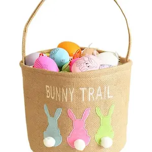 Easter Basket Egg Bucket Jute Easter Basket for Kids Rabbit Basket with Cute Ears, Easter Basket Stuffers for Babies Bunny Trail Bags Easter Tote for Party