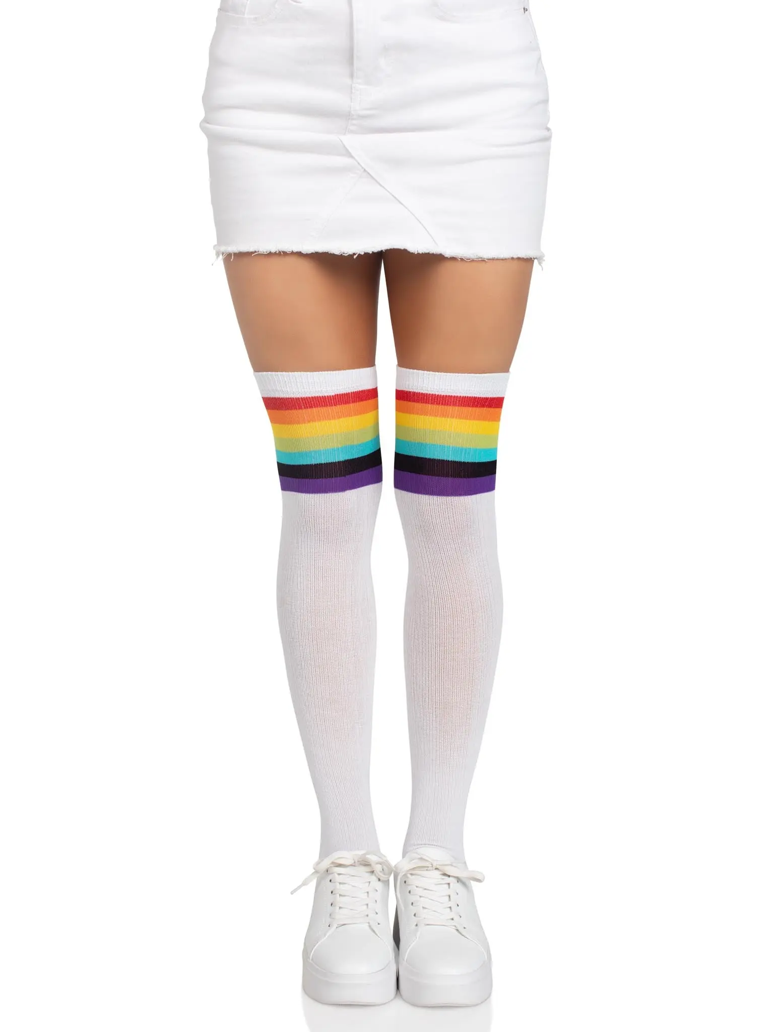 Thigh High Stockings for Women, Cute Rainbow Stripe Design in a Soft Comfortable Knit Fabric for Halloween or Casual Everyday Wear, Costume