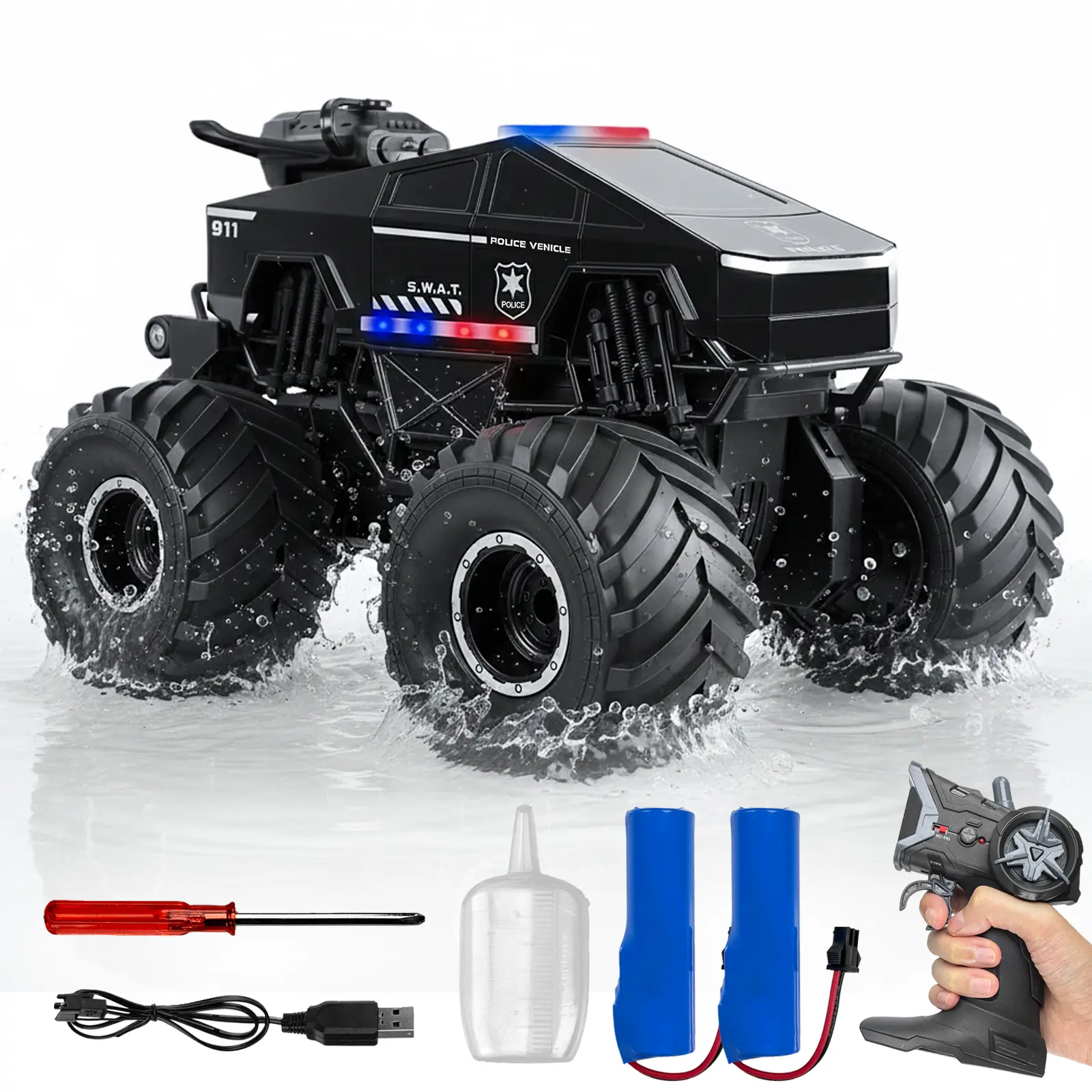1:18 Scale Rechargeable Amphibious Remote-Controlled Police Monster Truck, 2.4GHz Waterproof 4WD All-Terrain Off-Road Pickup, 360° Spins, Smoke Spray, 100 Minutes Playtime, Remote-Controlled Car Lorries Toy for Boys Ages 6+ (Birthdays Gifts), Usb Powered,