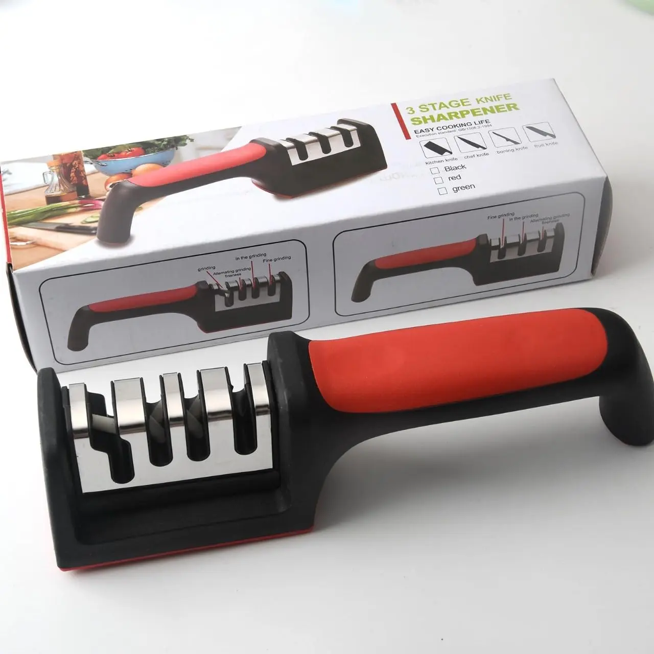 4-in-1 Knife & Scissor Sharpener – 3-Stage Manual System for Kitchen Knives, Chef & Serrated Blades – Non-Slip Base & Ergonomic Handle – Safe & Easy to Use