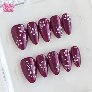 Plum Blossom Handmade Press-On Nails | Short Almond Shape, 10pcs | Elegant Vintage Plum Blossom Design | Deep Plum Purple Base & Hand Drawn White Plum Blossom & Polka Dot Accents | Reusable DIY Nail Kit for Women | Trendy Nails for Spring, Summer, Dates
