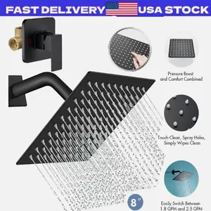 Black Shower Faucet Set 8"Rainfall Shower Head Combo System with Mixer Valve Kit