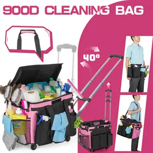 Large Rolling Cleaning Caddy Bag with Detachable Trolley, Cleaning Bag with Detachable Waist Bag, Waterproof Cleaning Caddy on Wheels for Housekeepers, Cleaning Cart Supplies Organizer for Home,Car,Office,Picni, Carry a detachable waist bag, Dust cover