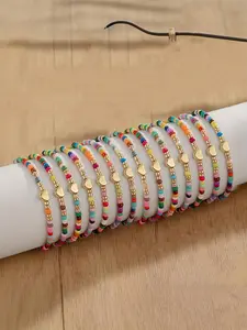 Boho Fashion Heart Colorful Beaded Elastic Bracelets Set, Simple Unique Women's Vacation Party Jewelry, Boho Style Beaded, 14 Pieces